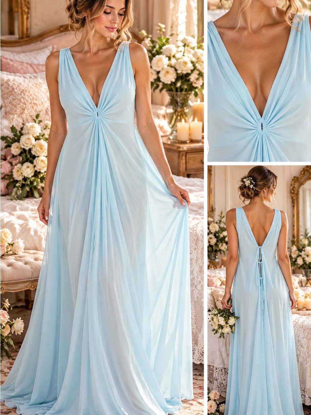 Vintage Claire Sandra by Lucie Ann Beverly Hills Blue Grecian Nightgown S
